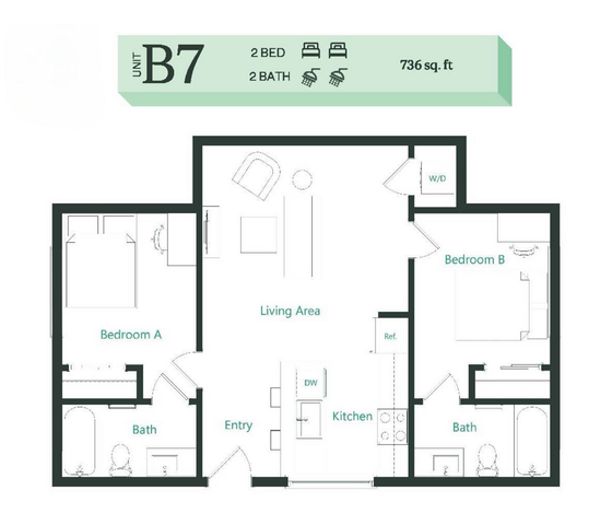 Unit B7 floor plan showcasing a modern 2 bedroom, 2 bath layout featuring a spacious living area and efficient kitchen, spanning 736 sq. ft.