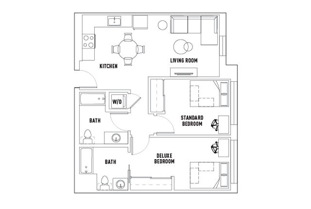 Chic floor plan featuring a deluxe and standard bedroom, open kitchen, cozy living room, and two modern baths.