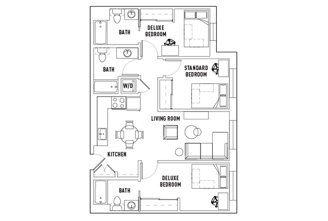 Inviting floor plan showcasing a spacious three-bedroom layout, including a cozy living room and modern kitchen, two deluxe bedrooms, and a standard bedroom, perfect for comfortable living.