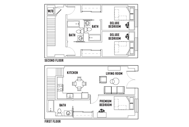 Chic two-story floor plan with a premium and two deluxe bedrooms, inviting living room, and modern kitchen.