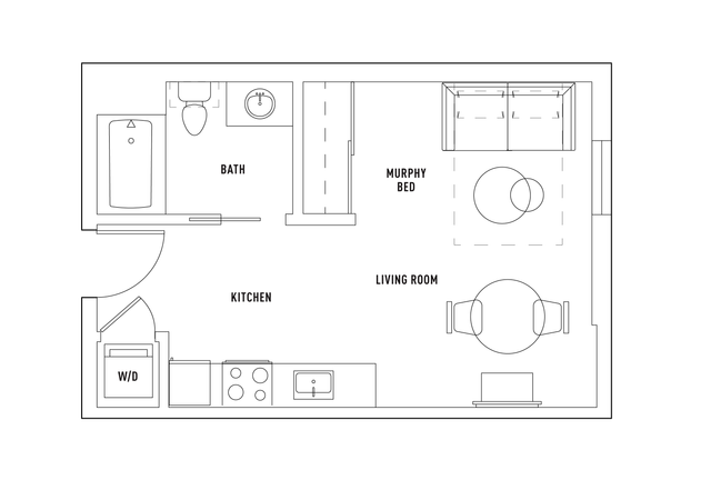 Modern studio floor plan showcasing a functional murphy bed, cozy living room, efficient kitchen, and well-designed bath.
