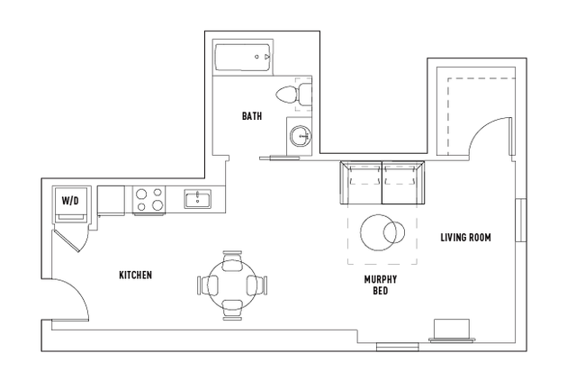 Modern floor plan featuring a Murphy bed, open kitchen with dining area, spacious living room, and a well-designed bathroom.