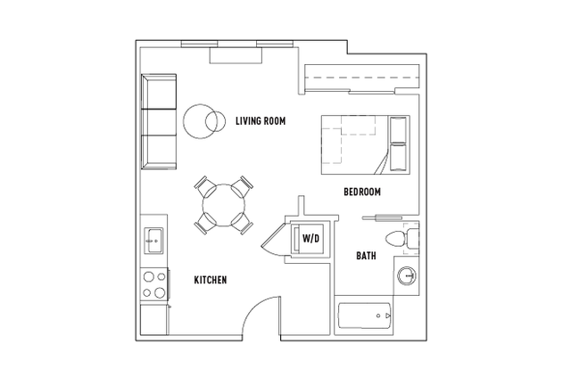Chic open-concept floor plan showcasing a spacious living room, modern kitchen, cozy bedroom, and stylish bathroom.