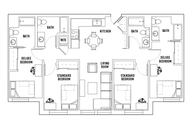 Contemporary floor plan showcasing 2 deluxe and 2 standard bedrooms, open kitchen, and inviting living room, perfect for modern living.