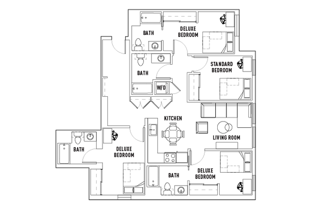 Modern floor plan showcasing three deluxe bedrooms, one standard bedroom, a spacious kitchen, and an inviting living room with multiple baths.