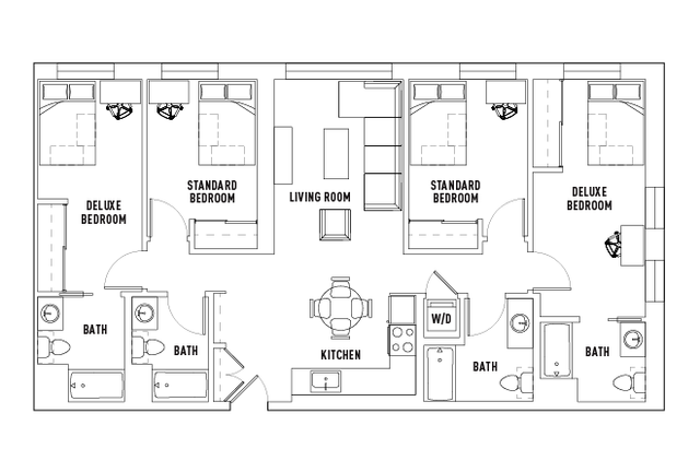 Sophisticated floor plan showcasing two deluxe bedrooms, two standard bedrooms, three bathrooms, an open-plan kitchen, and a welcoming living room area.