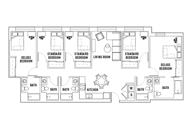Spacious apartment floor plan featuring 6 bedrooms, 4 baths, an inviting living room, and a well-equipped kitchen.