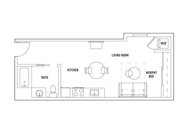 Modern studio apartment floor plan with an open-concept kitchen, cozy living room, Murphy bed, and a washer/dryer setup.