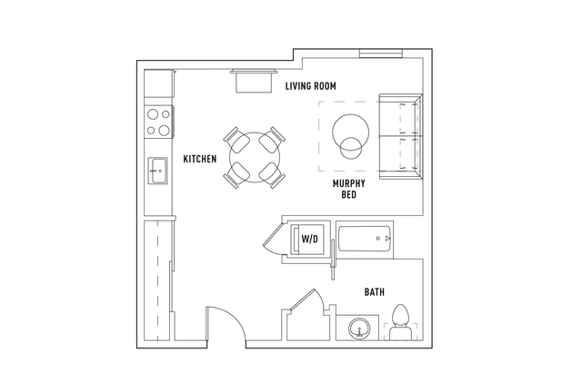 Efficient studio apartment floor plan featuring a compact kitchen, cozy living room with Murphy bed, and modern bathroom.
