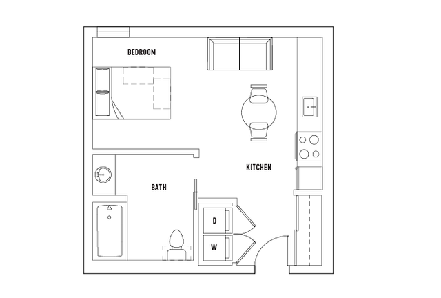 Efficient studio floor plan featuring a cozy bedroom, modern kitchen, and stylish bath with in-unit laundry.