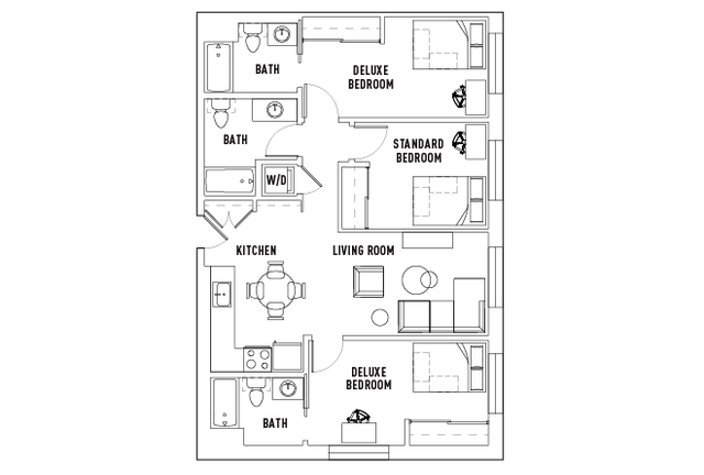 Elegant floor plan showcasing two deluxe bedrooms, one standard bedroom, an open kitchen, and a cozy living room with three baths.