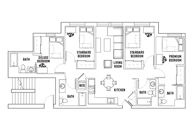 Elegant floor plan showcasing three bedrooms including deluxe and premium options, a modern kitchen, spacious living area, and multiple baths.