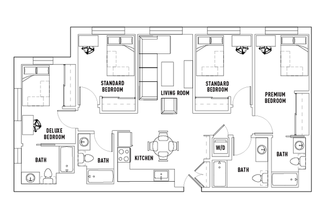 Elegant floor plan showcasing three spacious bedrooms, a modern kitchen, and a cozy living room. Includes deluxe and premium bedroom options with attached baths for ultimate comfort.