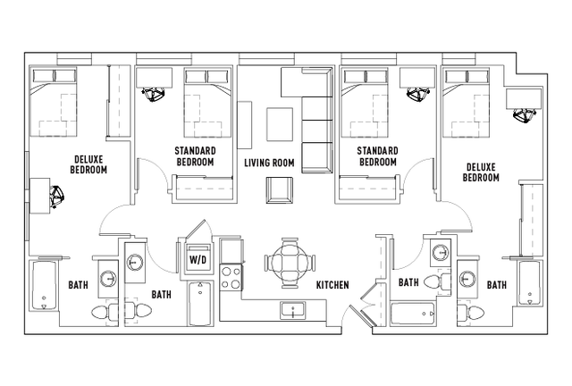 Contemporary floor plan showcasing two deluxe and two standard bedrooms, open living area, and modern kitchen.