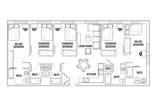 Modern apartment floor plan showcasing 2 deluxe bedrooms, 3 standard bedrooms, spacious living room, and fully-equipped kitchen with multiple bathrooms.