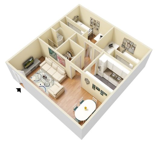 Modern 3D floor plan showcasing an inviting living area, sleek kitchen, cozy dining space, and elegant bedrooms.
