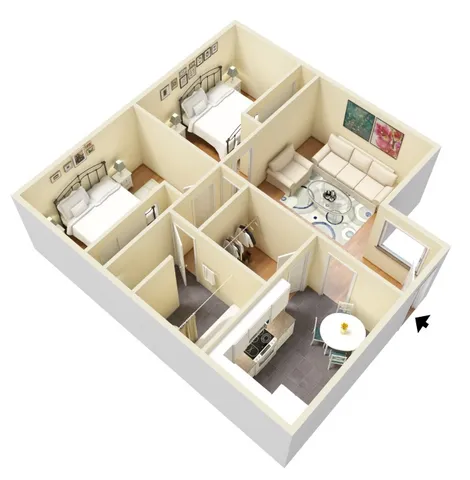 Charming 3D apartment layout featuring two cozy bedrooms, an inviting living room, a modern kitchen, and a quaint dining area.