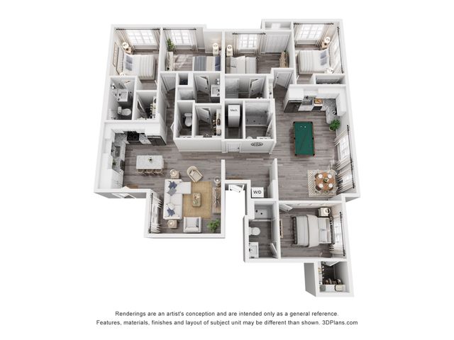 Chic 3D floor plan showcasing 3 bedrooms, a modern kitchen with island, spacious living area, and entertainment space.