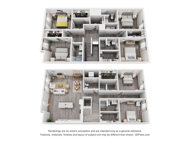 Contemporary 3D floor plan featuring two-story layout, 4 bedrooms, a modern kitchen, and an open living-dining area with stylish finishes.