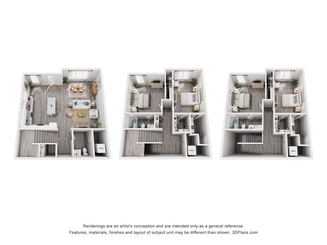 Modern 3D floor plan showcasing a spacious open-concept living area, two elegant bedrooms, and a sleek kitchen with dining space.
