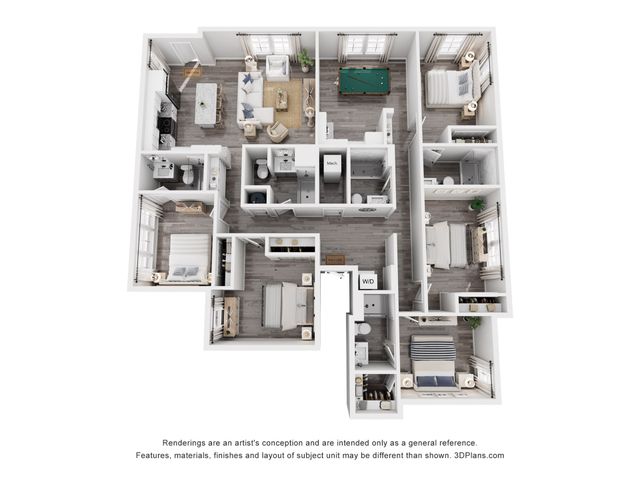 Contemporary 3D floor plan showcasing 3 bedrooms, open living space, modern kitchen with island, and a gaming area.