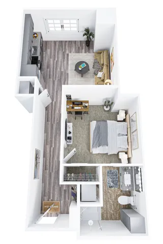 Modern one-bedroom floor plan showcasing open-concept living area, sleek kitchen, and cozy bedroom with en-suite bathroom.