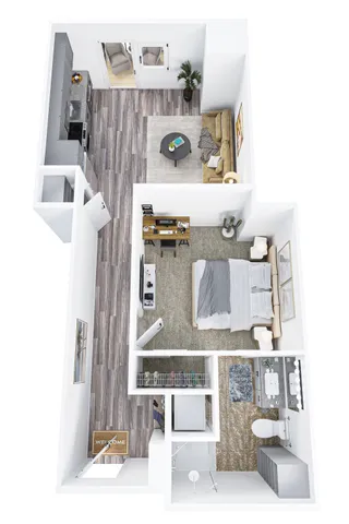 Contemporary 1-bedroom apartment floor plan featuring a cozy living room, modern kitchen, and stylish bathroom with inviting decor.