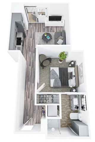 Chic 1-bedroom apartment floor plan featuring an open living area, modern kitchen, and stylish bathroom with elegant finishes.