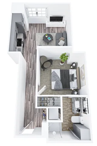 Chic and modern 1-bedroom apartment floor plan featuring an open-concept living area, sleek kitchen, and stylish bathroom, perfect for contemporary living.