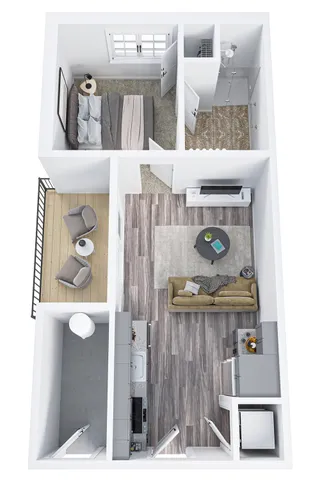 Modern 3D floor plan featuring 1 bedroom, a cozy living room, stylish kitchen, chic bathroom, and a private balcony.