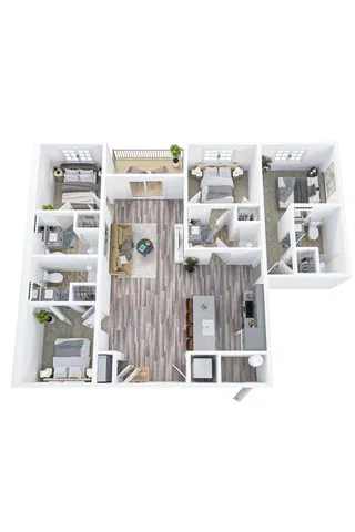 Modern 3D floor plan showcasing 3 bedrooms, 2 bathrooms, and a stylish open-concept living area with a sleek kitchen and cozy balcony.