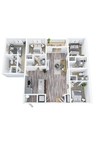 Elegant 3D floor plan showcasing 3 bedrooms, open-concept kitchen and living area, with a cozy balcony for relaxation.