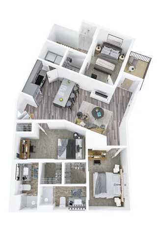 Modern 3D floor plan showcasing a stylish two-bedroom apartment with an open-concept kitchen, cozy living area, and two bathrooms. Features hardwood flooring and a private balcony.