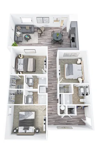 Modern 3D apartment floor plan showcasing 3 spacious bedrooms, sleek kitchen, cozy living area, and stylish dining space.
