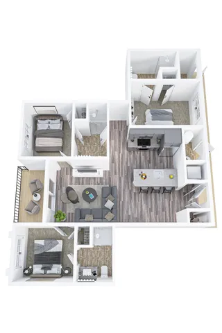 Modern 3D floor plan showcasing 2 bedrooms, stylish open living area with balcony, and sleek kitchen design.