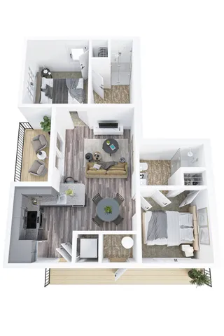 Modern 3D floor plan showcasing a bright 2-bedroom apartment with open living space, sleek kitchen, and cozy balcony.