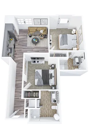 Modern 3D apartment floor plan showcasing 2 bedrooms, an elegant open-concept living and dining area, sleek kitchen, and two stylish bathrooms. Perfect for contemporary living.