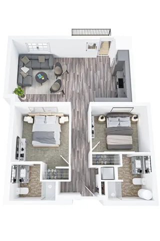 Beautifully designed 2-bedroom apartment floor plan featuring a modern living room, spacious kitchen, and two elegant bathrooms.