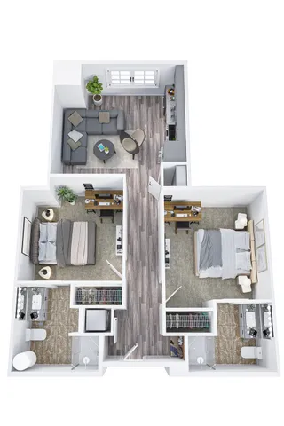 Modern 3D floor plan showcasing 2 bedrooms, open living area, and sleek kitchen with stylish finishes.
