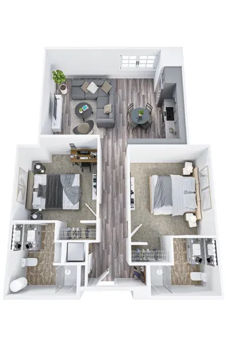 Modern apartment floor plan showcasing 2 bedrooms, open-concept living and dining area, sleek kitchen, and 2 bathrooms with contemporary furnishings.