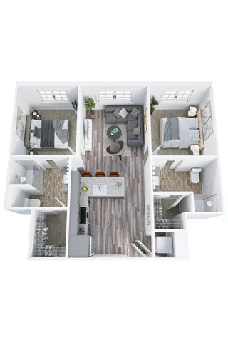 Modern 3D floor plan showcasing 2 elegant bedrooms, a cozy living room, and a sleek kitchen with a breakfast bar.