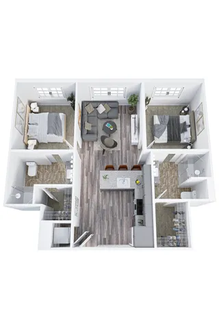 Modern floor plan showcasing 2 bedrooms, open kitchen with island, and cozy living room. Elegant wood flooring throughout.