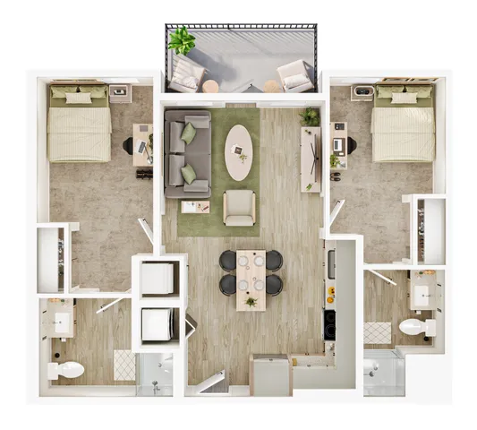 Spacious 2-bedroom floor plan with cozy open-concept living area, modern kitchen, and private balcony, ideal for stylish urban living.