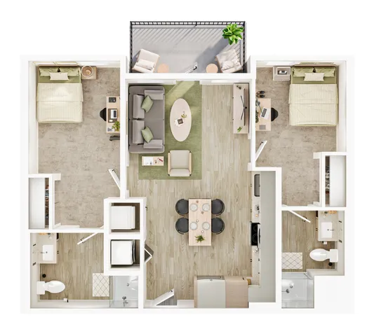 Modern apartment floor plan featuring 2 cozy bedrooms, a stylish open living room, functional kitchen, and a serene balcony area perfect for relaxation.