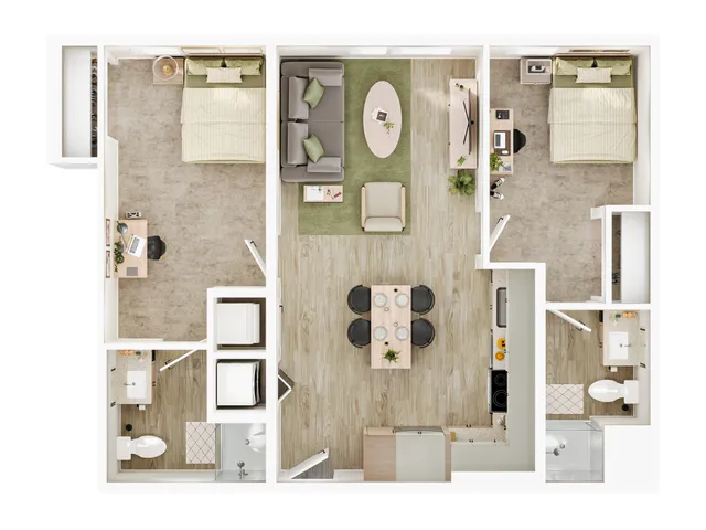 Modern 2D floor plan featuring 2 bedrooms, open-concept living and dining area, and a chic kitchen.