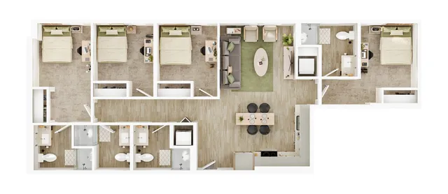 Modern 3-bedroom floor plan featuring spacious living room, open kitchen dining area, and two luxurious bathrooms.