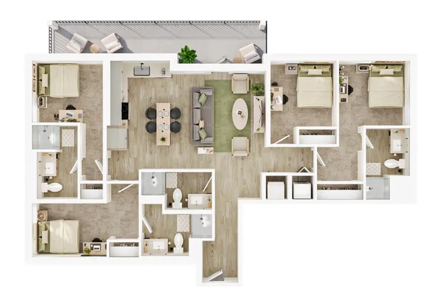 Modern floor plan showcasing 3 bedrooms, open living and dining area, contemporary kitchen, and spacious balcony.