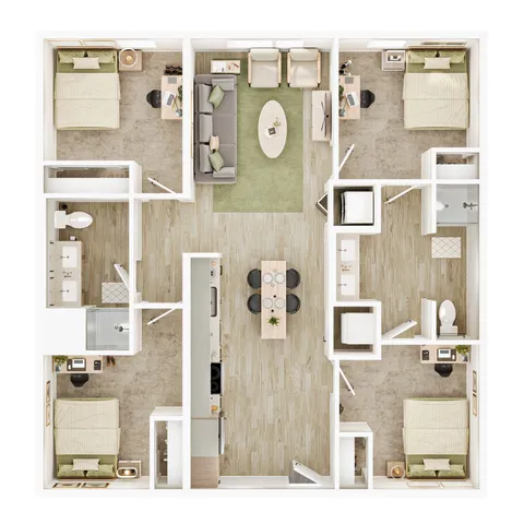 Charming floor plan showcasing three bedrooms, a cozy living area, and a modern kitchen with a central dining space.