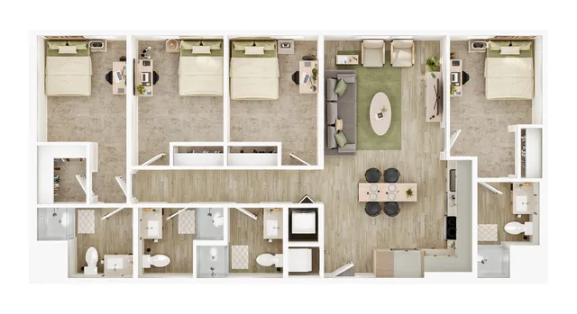 Modern apartment floor plan showcasing 4 bedrooms, a spacious living room, and a contemporary open-concept kitchen with a dining area.