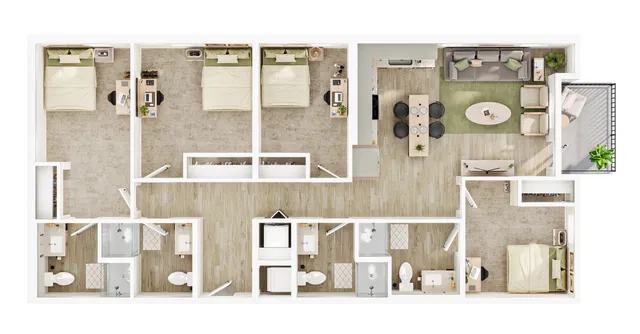 Modern 3D floor plan featuring four bedrooms, two bathrooms, a spacious living room with dining area, and a cozy balcony.
